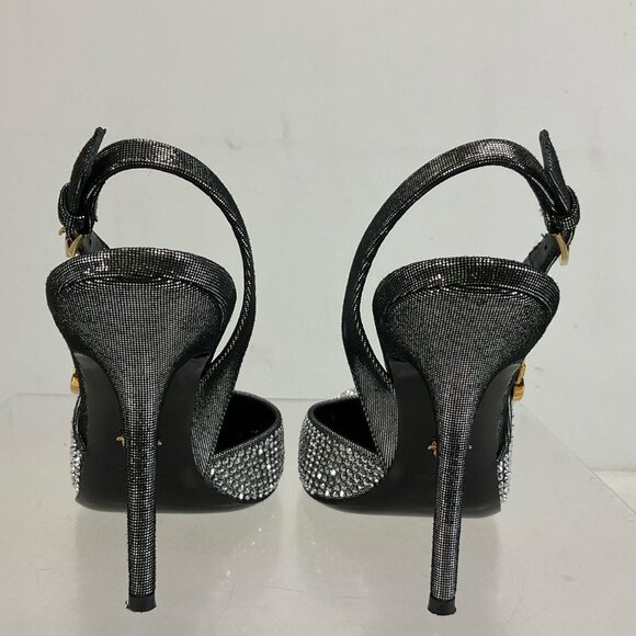 Versace Silver Gold Black Leather Bling Embellished Slingback Pumps 35.5 / US 5 - Picture 6 of 15